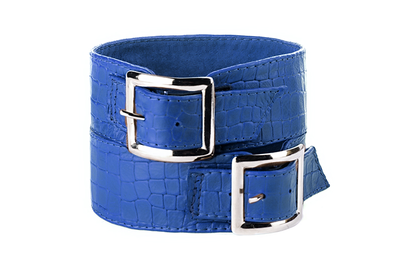 Electric blue women's calf bracelets, to wear over boots. Front view - Florence KOOIJMAN